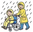 雨の中かっぱを来て車いすの人を押す人のイラスト