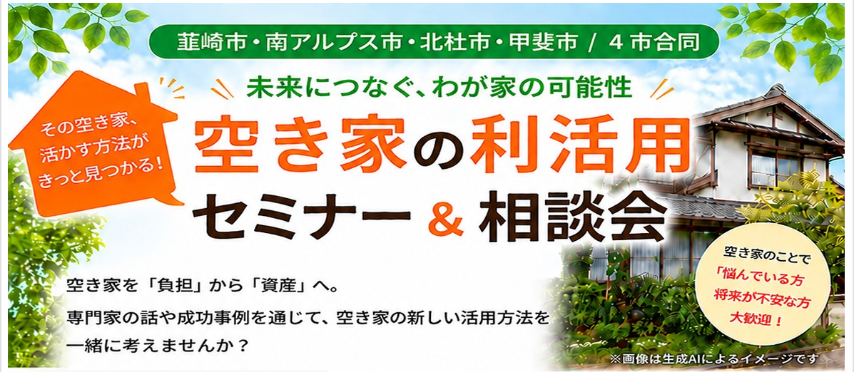 南アルプス市・韮崎市・北杜市・甲斐市合同　空き家セミナー・相談会のお知らせ