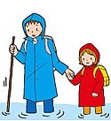 長い棒を持つ男児に手を引かれる女児のイラスト