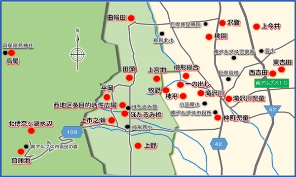 櫛形地区の櫛形総合公園、一の出し街区公園、牧野街区公園、柿平街区公園、滝沢川公園、滝沢川児童公園、仲町児童公園、上今井農村公園、田頭農村公園、上宮地農村公園、曲輪田農村公園、沢登農村公園、平岡農村公園、桃園農村公園、東吉田農村公園、西吉田農村公園、上市之瀬農村公園、高尾農村公園、上野農村公園、ほたるみ橋公園、西地区多目的活性化広場、北伊奈ヶ湖水辺公園、菖蒲池をマークした地図